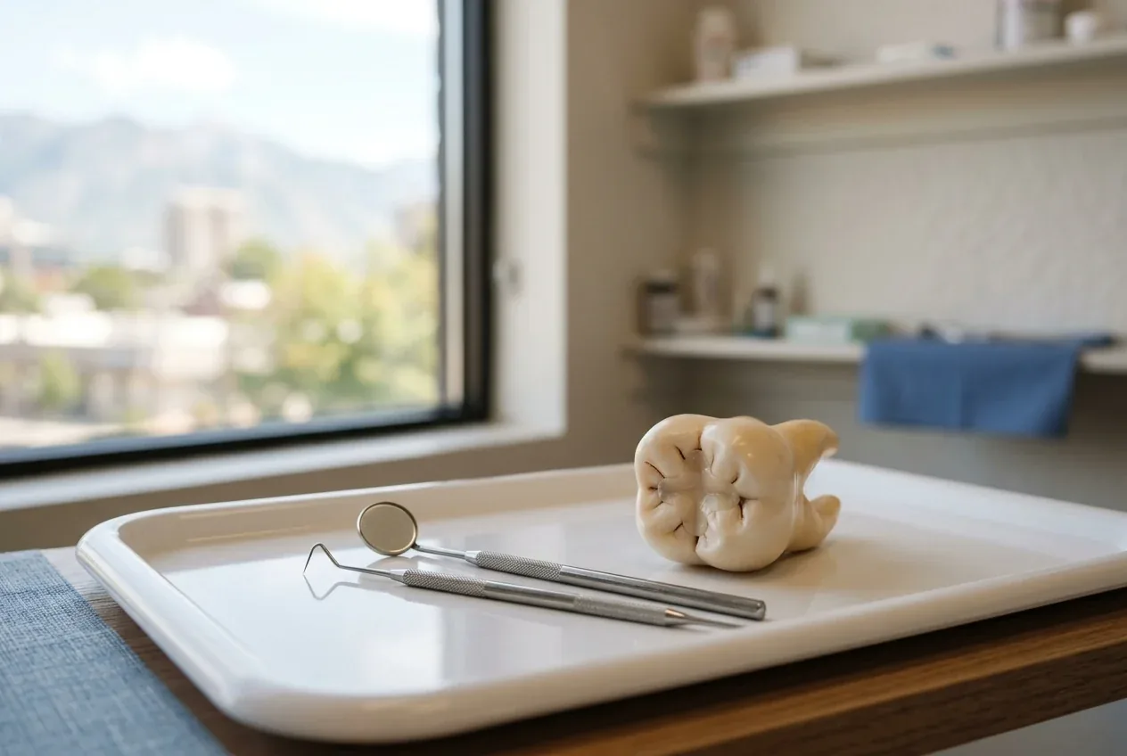Dental mirror, probe, and a tooth model on a white tray in a dental office.