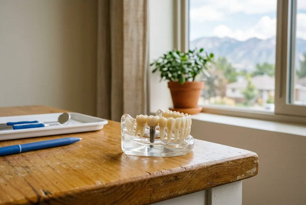 Clear dental model displaying a dental implant on a wooden table beside dental tools.