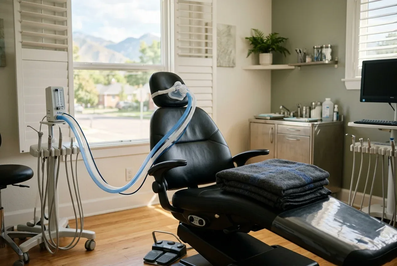 Dental chair equipped with a nitrous oxide sedation mask, tubing, and a blanket in a treatment room.